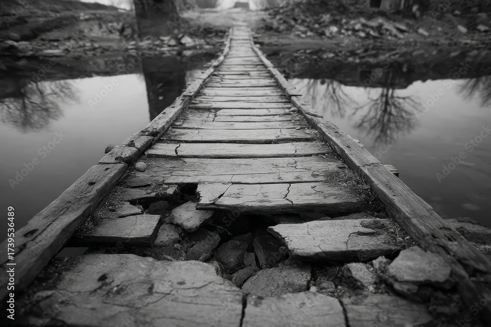 Naklejka premium Decaying wooden bridge with missing planks crossing water, reflecting bare trees