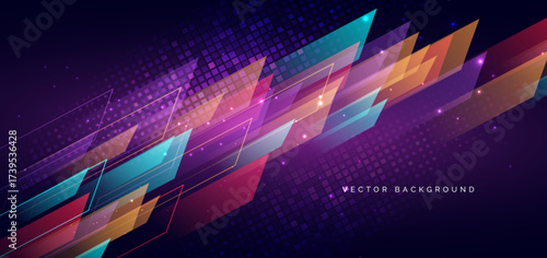 Modern abstract geometric colorful with lighting effec on dark background.