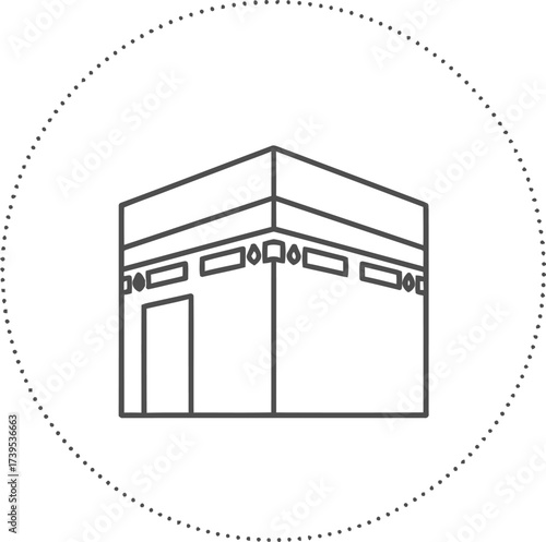 Line art illustration of the Kaaba, the sacred cube-shaped building in Mecca, Saudi Arabia, central to Islamic worship, enclosed in a dotted circle.