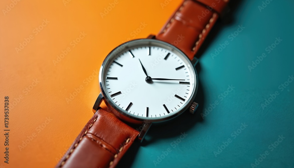 custom made wallpaper toronto digitalMinimalist wrist watch with brown leather strap rests on split orange and teal background. Classic analog timepiece shows precise time with slim hands and dial markers.