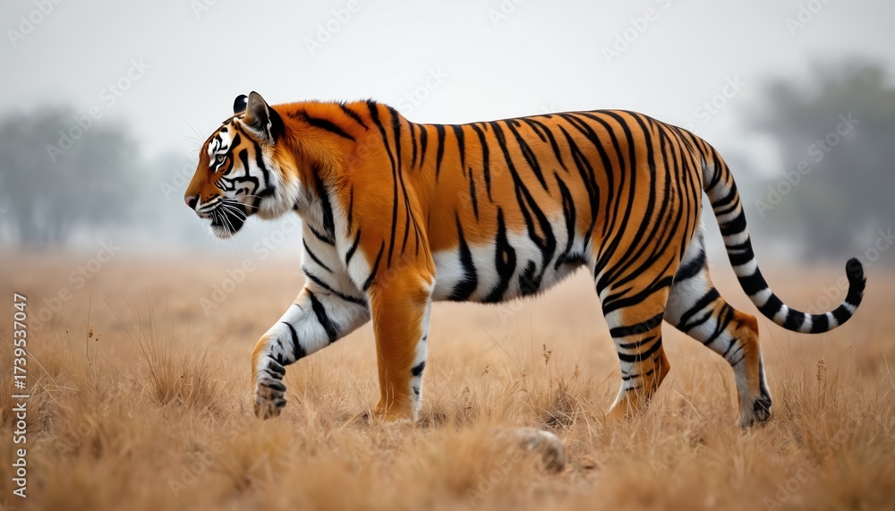 Fototapeta premium Powerful Bengal tiger walks through dry savanna field. Vivid orange, black stripes show power. Wild animal moves silently in natural habitat, big cat on prowl in jungle ecosystem. Endangered species