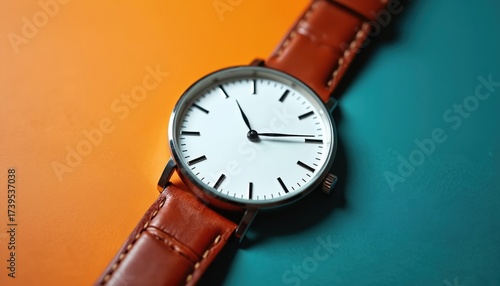 Wallpaper Mural Minimalist wrist watch with brown leather strap rests on split orange and teal background. Classic analog timepiece shows precise time with slim hands and dial markers. Torontodigital.ca