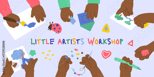 Children black hands at Art and Craft classes, top view set. Kids during creativity, DIY hobbies, education with paper, paints. Flat graphic vector illustrations isolated on white background