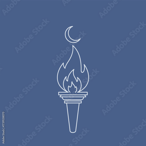 Illustration of a torch with a crescent moon above the flame on a blue background.