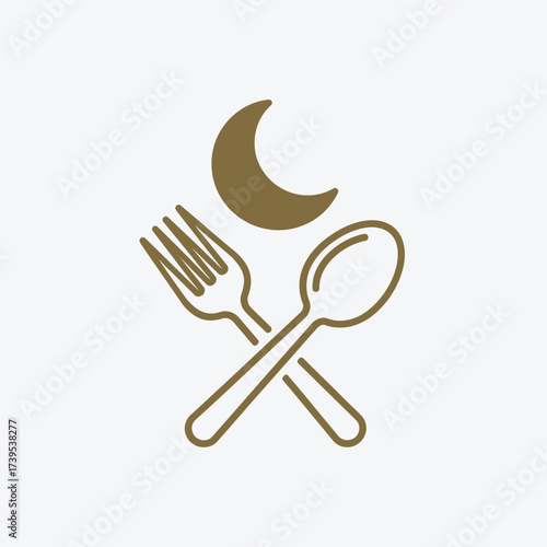 A minimalist icon of a crossed fork and spoon under a crescent moon, symbolizing a nighttime meal like dinner, Iftar, or Suhur.