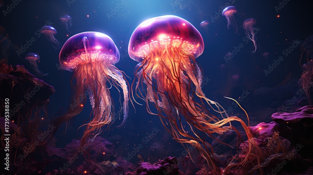 Naklejka premium Two Large Bioluminescent Jellyfish Drifting Through a Deep Ocean Environment Illuminated by Ethereal Light