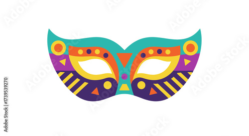 Vibrant geometric carnival mask design with playful color combinations on white backdrop