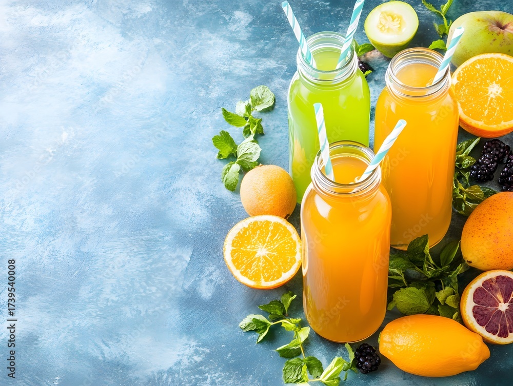 Fototapeta premium Refreshing Fruit Juice Bottles with Oranges and Mint