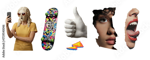 Collection of surreal PNG elements including classical statue girl with smartphone, graffiti skateboard, thumbs up hand, lightning bolt and cutout faces on transparent background.