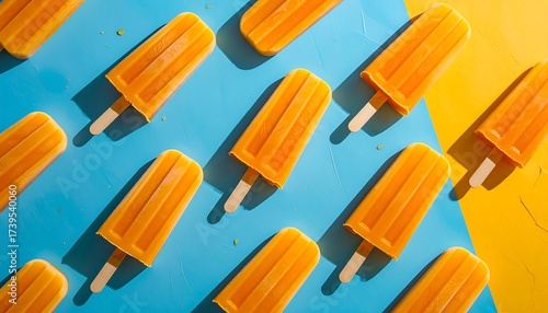 Geometric Array of Orange Popsicles Casting Bold Shadows on a Vibrant Blue and Yellow Backdrop.