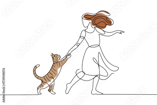Line art of  Joyful One Line Art Woman and Striped Cat Dancing, Symbolizing Companionship and Freedom with Warm Accents