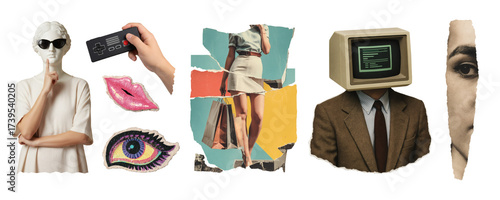 Collection of surreal PNG elements including classical statue with sunglasses, retro game controller, glitter lips and eye, shopping woman, vintage computer head and torn portrait