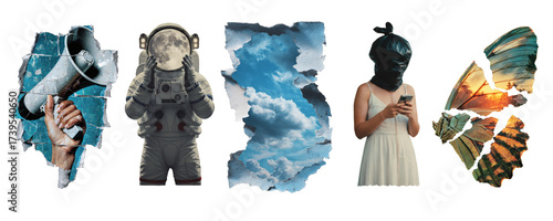 Collection of surreal PNG elements including astronaut with moon helmet, torn cloud sky, hand holding megaphone, woman with bag head using smartphone and butterfly wings on transparent background.