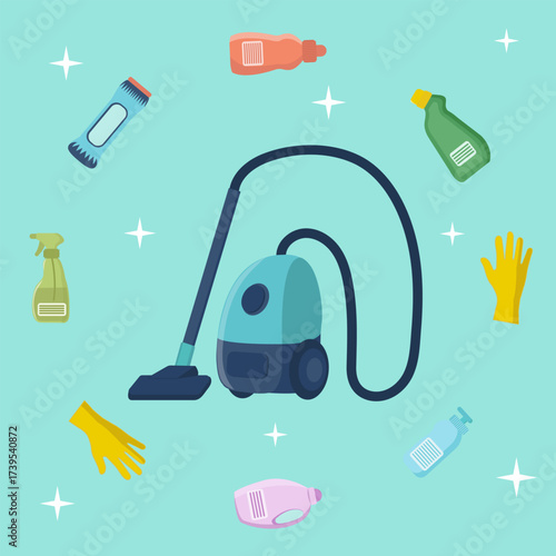 A vacuum cleaner with Cleaning supplies arranged for home tidying flying around it, a toilet duck, a cleaning agent