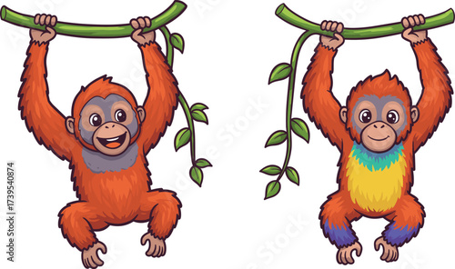 Monkey cartoon illustration, jungle monkey mascot, colorful animal character, playful ape artwork, whimsical wildlife design, vector cartoon, rainforest theme