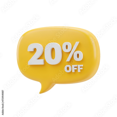 Yellow speech bubble with 20 off text, isolated on transparent background