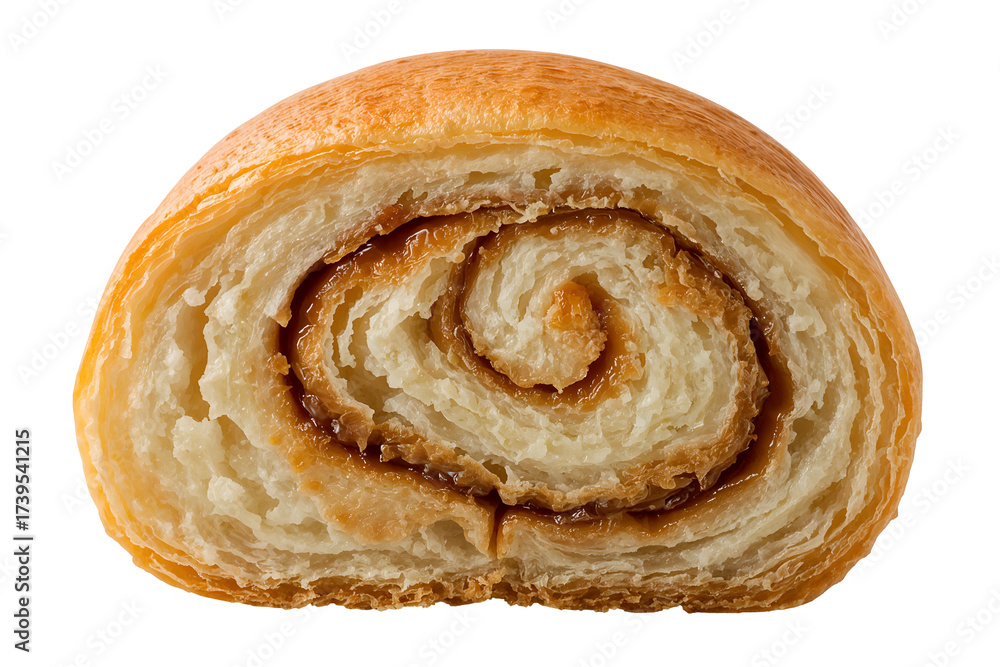 Fototapeta premium Golden brown pastry swirl with caramel filling isolated on a transparent background