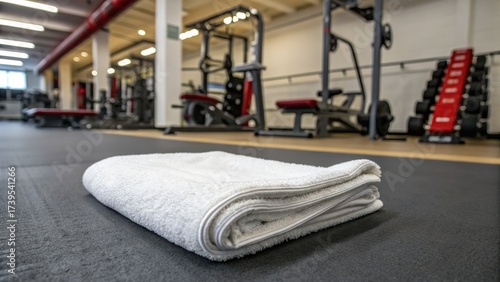 White towel on gym floor with fitness equipment in background