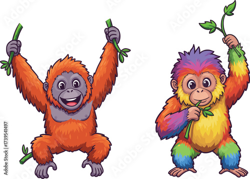 Monkey cartoon illustration, rainbow monkey mascot, jungle animal character, playful ape artwork, whimsical wildlife design, vector cartoon, rainforest theme