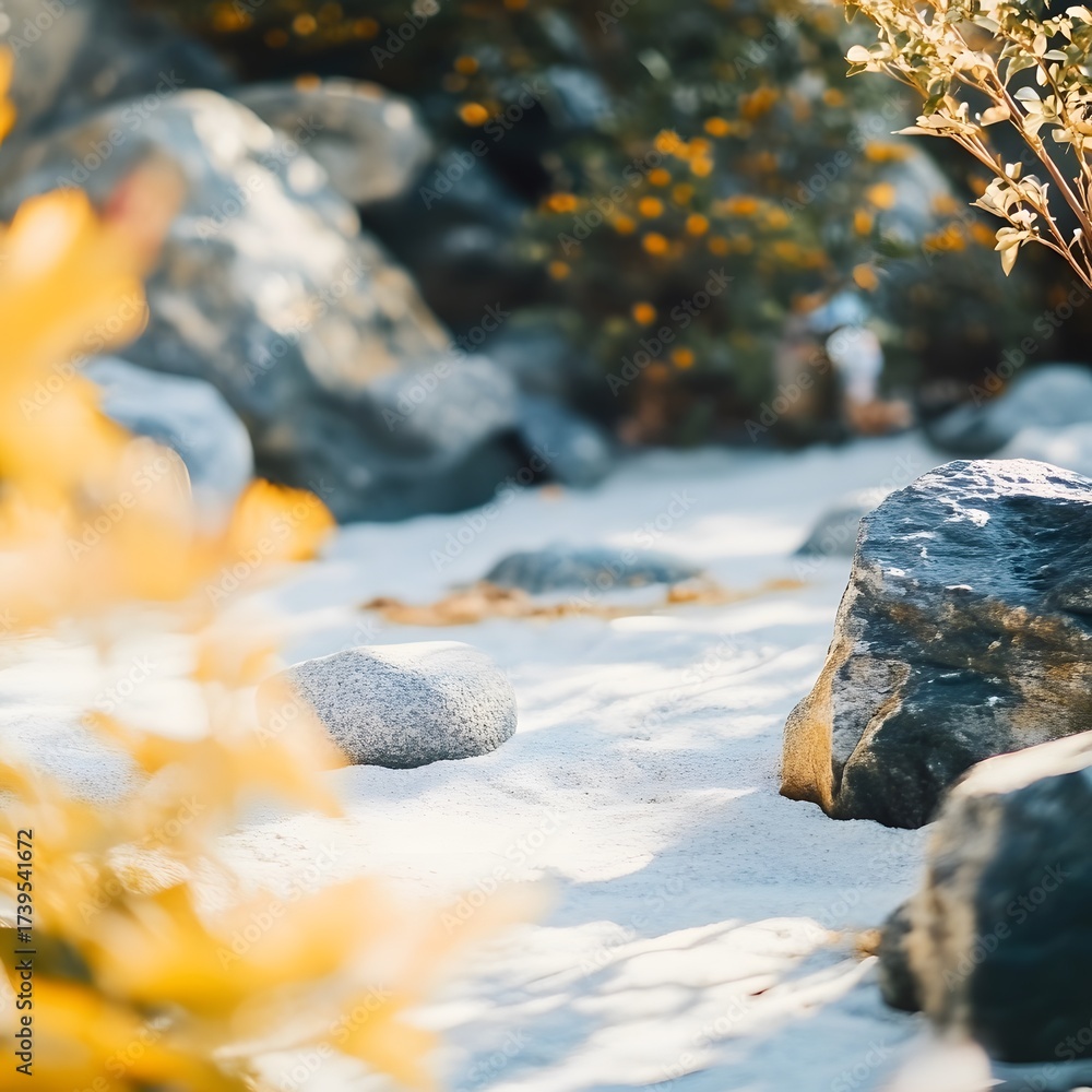 Fototapeta premium Tranquil zen garden with sand stones and yellow foliage creating a peaceful scene