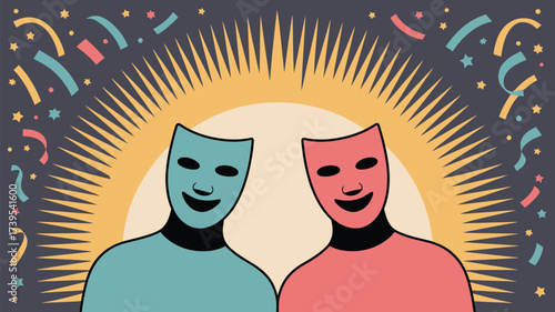 Illustration of two theatrical masks with confetti and stars against a sunburst background design