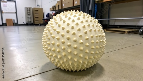Textured spiky ball on indoor surface with natural lighting