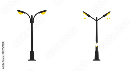 Modern street lights twin and single pole lamp fixtures outdoor illumination design elements vector flat design vector illustration white background