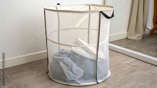Stylish mesh laundry basket with clean clothes in modern interior setting