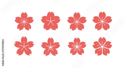 Collection of eight stylized pink cherry blossom flower graphics with delicate petals and centers vector flat design vector illustration white background