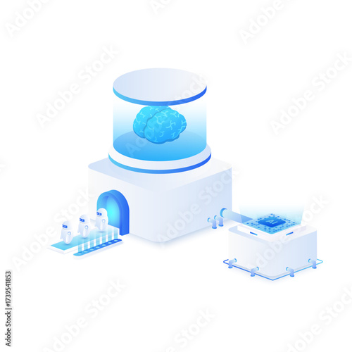 Artificial intelligence machine learning isometric vector illustration. Robotic ai technology.