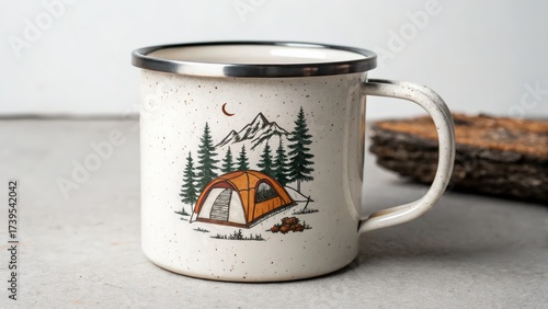 Vintage camping mug featuring outdoor scene with tent and pine trees