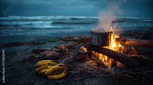 Campfire cooking scene with pot and food by the ocean at dusk.