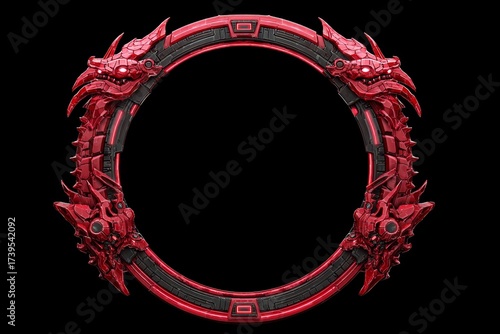 Futuristic red mechanical dragon ring frame on black background.