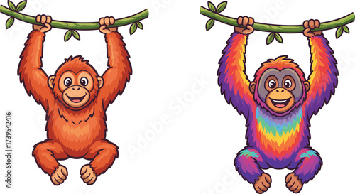 Monkey cartoon illustration, rainbow monkey mascot, jungle animal character, playful ape artwork, whimsical wildlife design, vector cartoon, rainforest theme