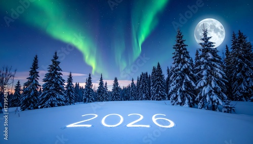 Stunning aurora borealis illuminates a snowy forest landscape with a bright full moon and the year 2026 glowing in the snow
