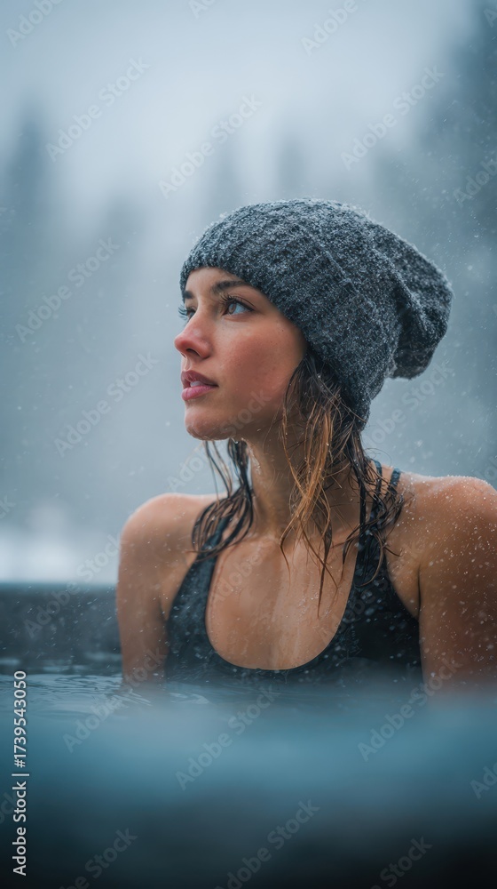 Obraz premium Woman in knit hat relaxing in snowy hot spring