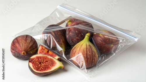 Fresh figs in a clear plastic bag with one fig cut open for display