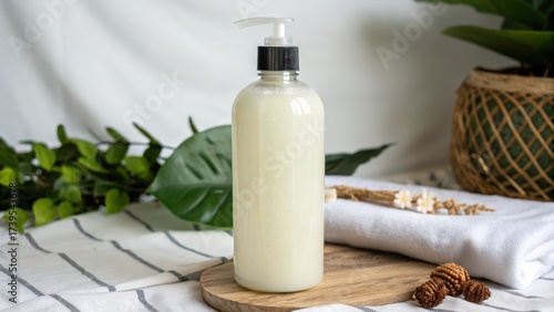 Natural moisturizing lotion bottle with pump on wooden board surrounded by greenery
