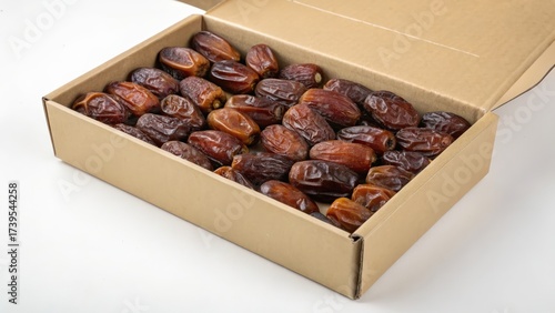 Box of fresh medjool dates on white background for healthy snacking and cooking