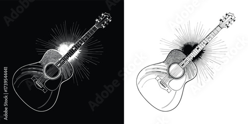 Abstract, fragmented graphic of a guitar exploding into particles, available in both black and white versions for dynamic visual effects