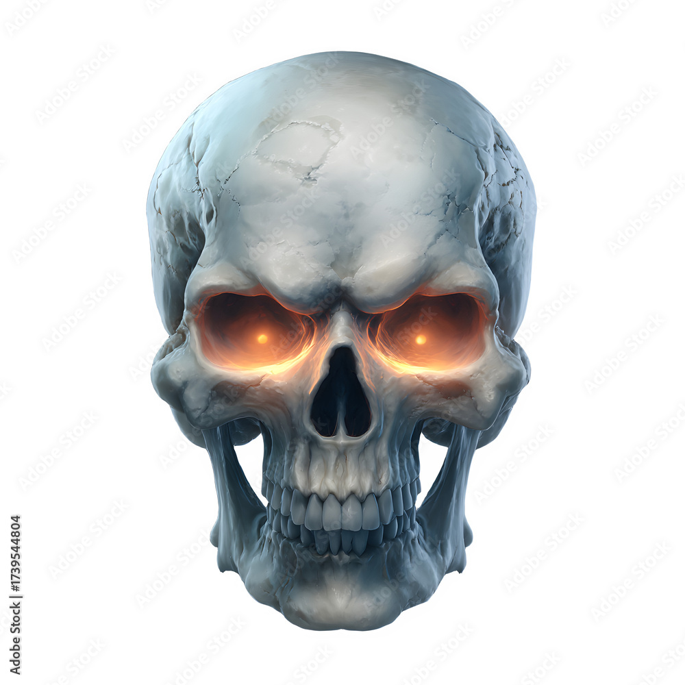 Fototapeta premium Glowing skull with fiery eyes isolated on transparent background