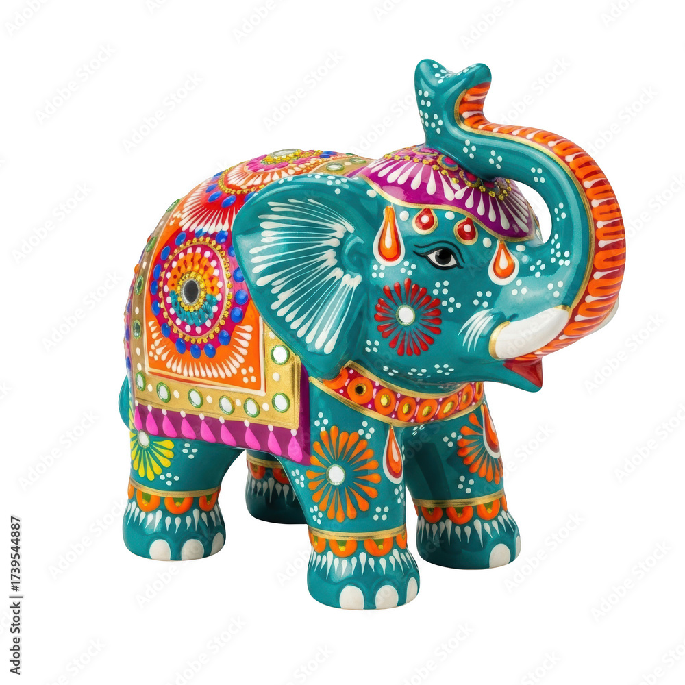 Fototapeta premium Intricately Decorated Indian Elephant Statue with Vibrant Colors Isolated on Black Background