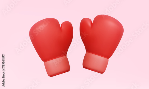 Top view Pair red boxing gloves isolated on pink background. Game combative activity energy sport boxer fight strength fist hand for attack competitive design. 3d icon render illustration.