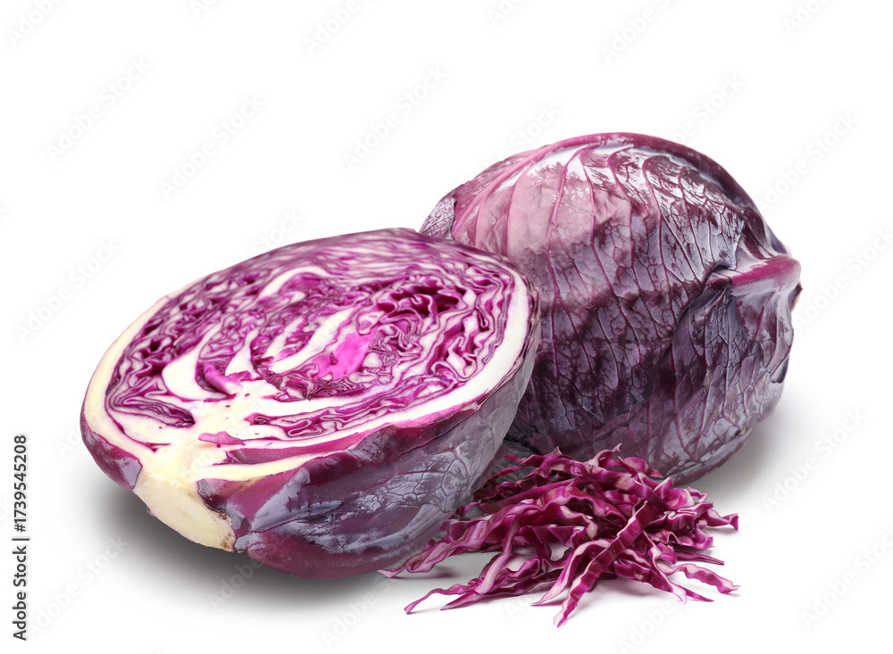 Fototapeta premium Fresh ripe red cabbage isolated on white. Whole and sliced