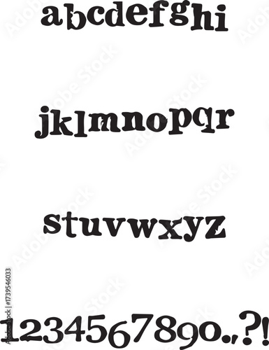 Wonky Glitch Distressed Typewriter typography font lettering ABC cartoon vector text