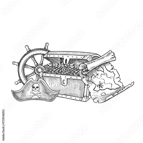 Treasure Island. Black and white graphics, hand-drawn vector illustrations. Medieval sea voyage. Pirate theme. For children s games and celebrations. For stickers, posters, banners, and more.