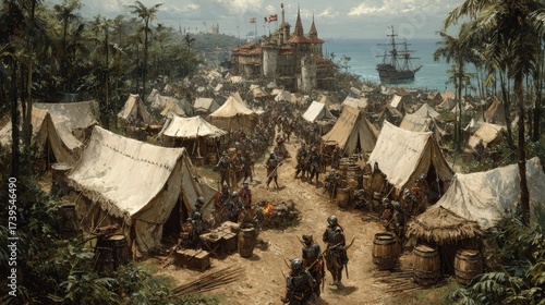 Spanish conquistador encampment on tropical coast with galleon and fortress.