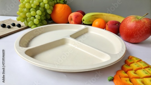 Creative dinnerware plate with assorted fresh fruits on display for healthy eating