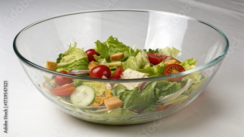 Fresh mixed salad with crisp vegetables in clear glass bowl