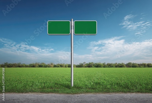 A street sign with two green signs stands in front of a vibrant green field and a bright blue sky